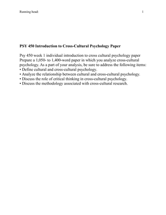 PSY 450 Introduction to Cross Cultural Psychology Paper