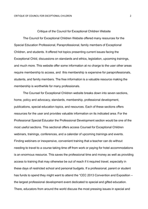 SPE 513 Critique of the Council for Exceptional Children Website