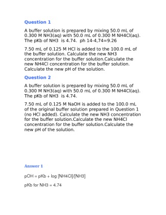A buffer solution is prepared by mixing 50.0 mL of  M NH3(aq) with 50.0...
