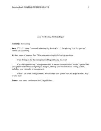 ACC 561 Costing Methods Paper
