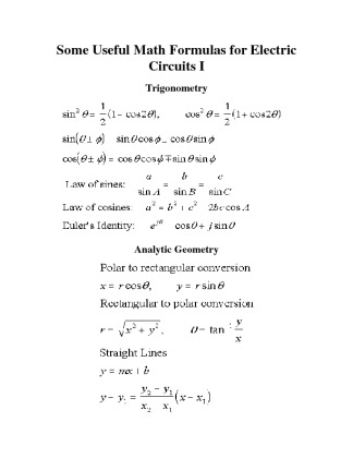 Useful Math Formulas for Electric Circuits I
