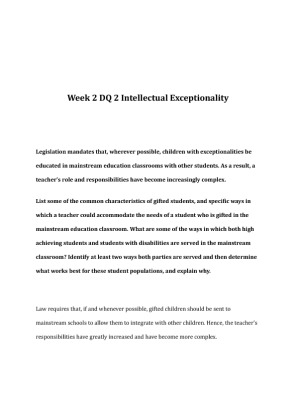 EDU 372 Week 2 DQ 2 Intellectual Exceptionality