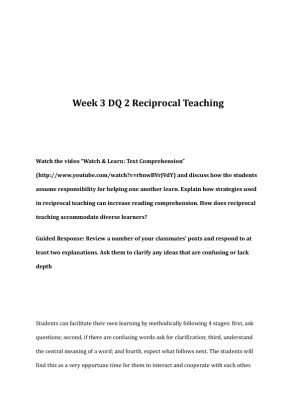 EDU 372 Week 3 DQ 2 Reciprocal Teaching