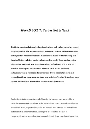 EDU 372 Week 5 DQ 2 To Test or Not to Test