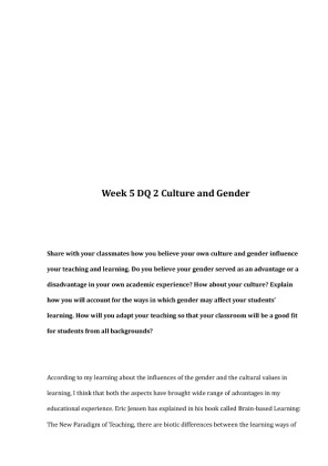 EDU 673 Week 5 DQ 2 Culture and Gender