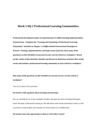 EDU 675 Week 1 DQ 1 Professional Learning Communities