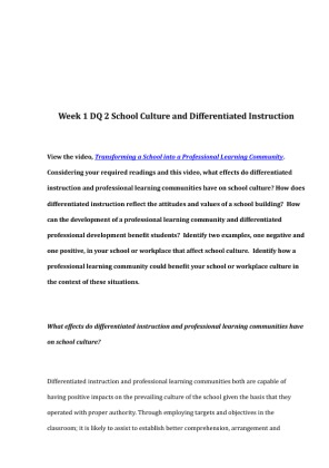 EDU 675 Week 1 DQ 2 School Culture and Differentiated Instruction