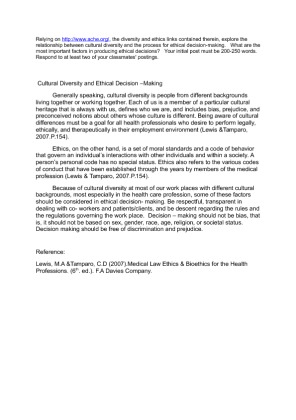 HCA 322 Week 1 DQ 1 Diversity and Ethical Decision Making