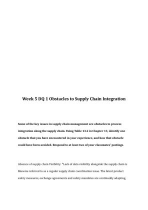 MGT 322 Week 5 DQ 1 Obstacles to Supply Chain Integration