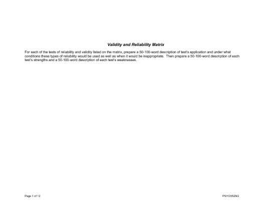 PSYCH 525 Week 3 Individual Assignment Validity and Reliability Matrix