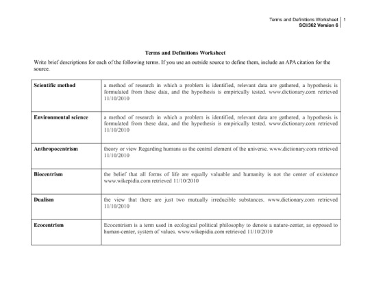 SCI 362 Week 1 Individual Assignment Terms and Definitions Worksheet