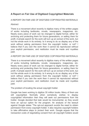 A Report on Fair Use of Digitized Copyrighted Materials