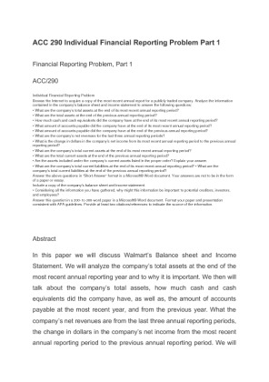 ACC 290 Individual Financial Reporting Problem Part 1