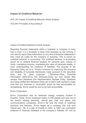 ACC 291 Impact of Unethical Behavior Article Analysis
