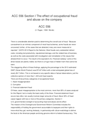 ACC 556 Section I The effect of occupational fraud and abuse on the company