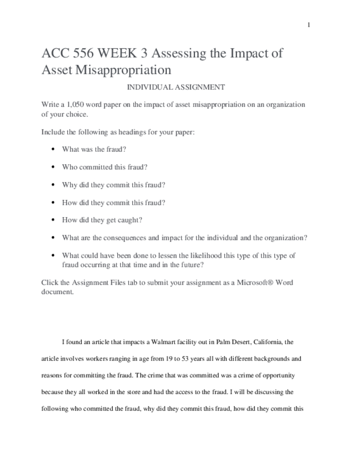 ACC 556 WEEK 3 Assessing the Impact of Asset Misappropriation