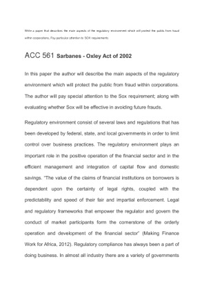 ACC 561 Week 2 Regulatory Environment Paper