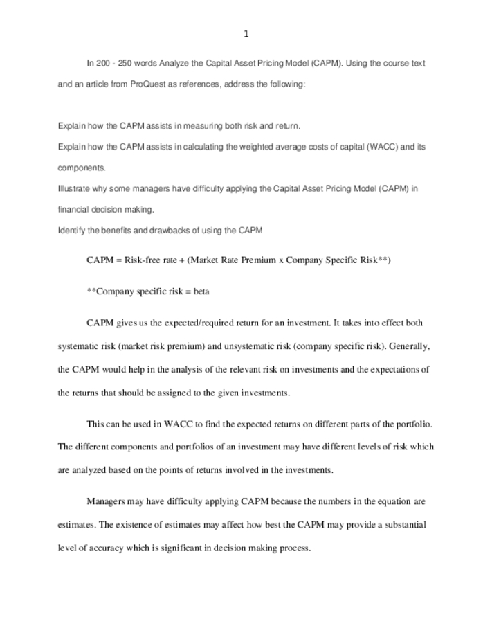 Analyze the Capital Asset Pricing Model (CAPM). Using the course text...