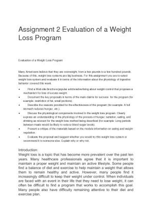 Assignment 2 Evaluation of a Weight Loss Program