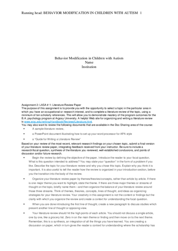Assignment 2 LASA  1 Literature Review Paper Behaviour Modification in...
