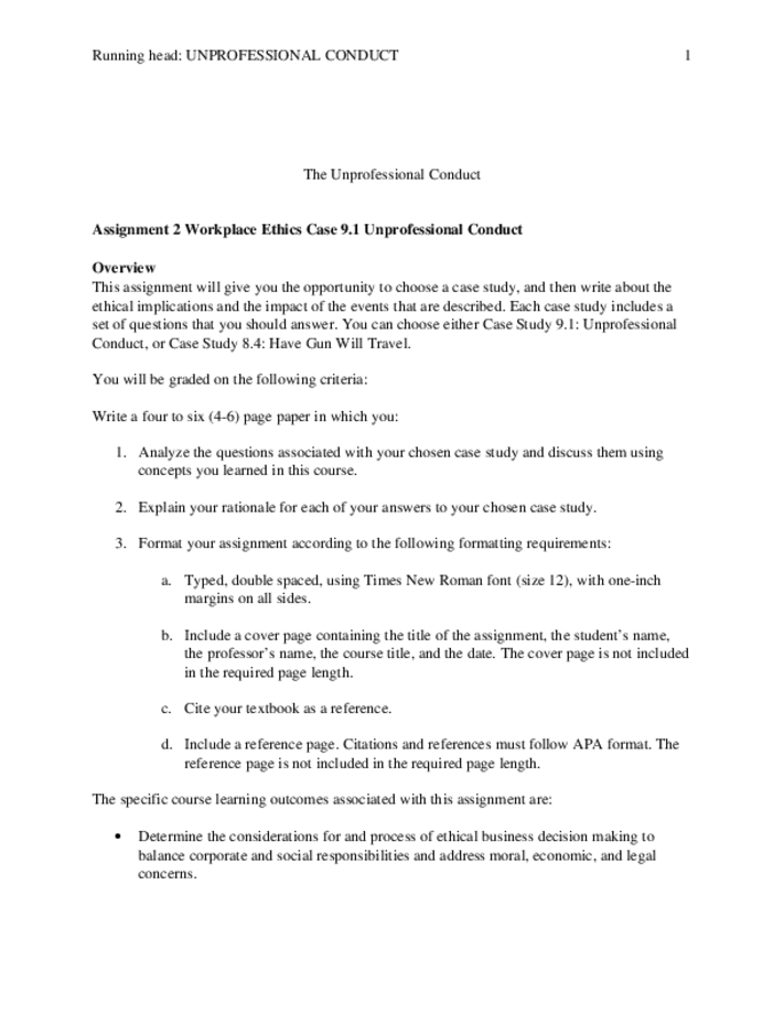 Assignment 2 Workplace Ethics Case 9.1 Unprofessional Conduct