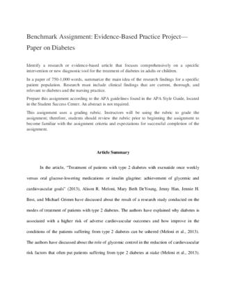 Benchmark Assignment Evidence Based Practice Project Paper on Diabetes