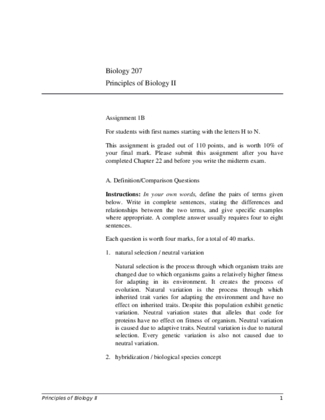 Biology 207 Principles of Biology II