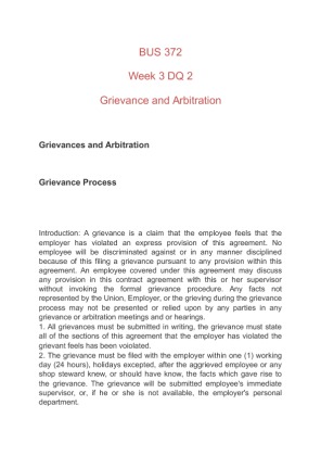 BUS 372 Week 3 DQ 2 Grievance and Arbitration