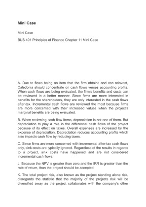 BUS 401 Principles of Finance Chapter 11 Mini Case