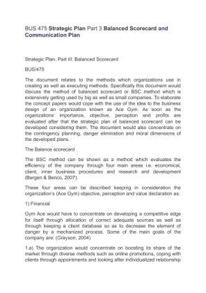 BUS 475 Strategic Plan Part 3 Balanced Scorecard and Communication Plan