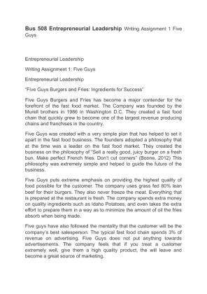 Bus 508 Entrepreneurial Leadership Writing Assignment 1 Five Guys