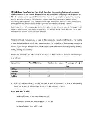 BUS 644 Beck Manufacturing Case Study Calculate the capacity of each...