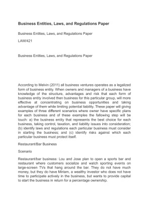 Business Entities, Laws, and Regulations Paper