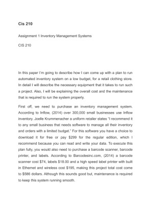 Cis 210 Assignment 1 Inventory Management Systems