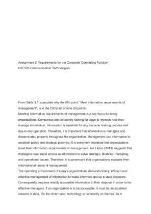 CIS 505 Assignment 2 Requirements for the Corporate Computing Function