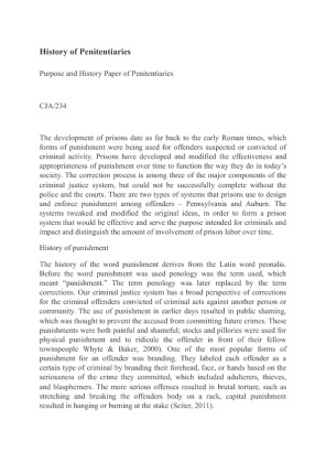 CJA 234 Purpose and History Paper of Penitentiaries