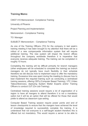 CMGT 410 Memorandum  Compliance Training