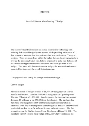 CMGT 578 Amended Riordan Manufacturing IT Budget