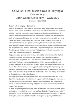 COM 220 Final Musics role in unifying a Community