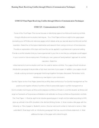 COM 325 Final Paper Resolving Conflict through Effective Communication...