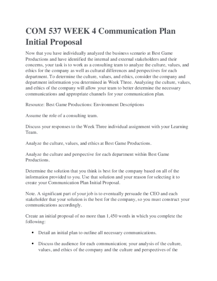 COM 537 WEEK 4 Communication Plan Initial Proposal