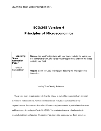 ECO 365 Week 5 Learning Team Reflection Paper Global Competition 978188642