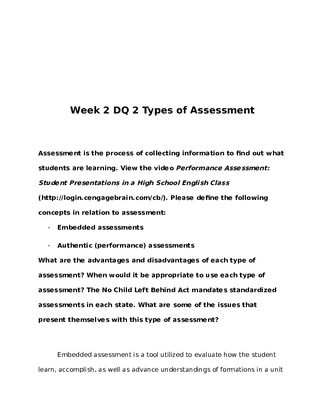 EDU 304 Week 2 DQ 2 Types of Assessment 564827529