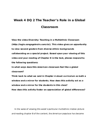 EDU 304 Week 4 DQ 2 The Teachers Role in a Global Classroom 572665029