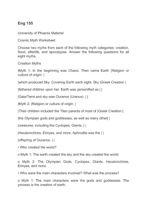 Eng 155  Cosmic Myth Worksheet