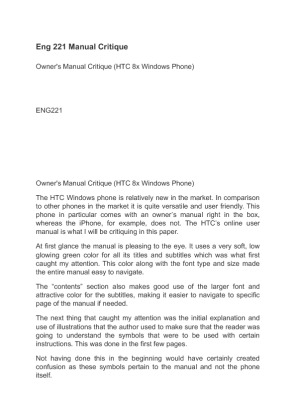 Eng 221 Manual Critique HTC 8x Windows Phone