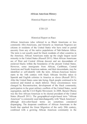 ETH 125 Historical Report on Race  African American History
