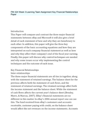 FIN 324 Week 3 Learning Team Assignment Key Financial Relationships Paper
