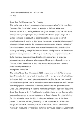 Fin 415  Coca Cola Risk Management Plan Proposal