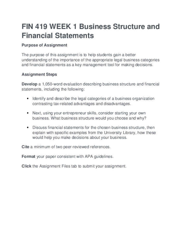 FIN 419 WEEK 1 Business Structure and Financial Statements